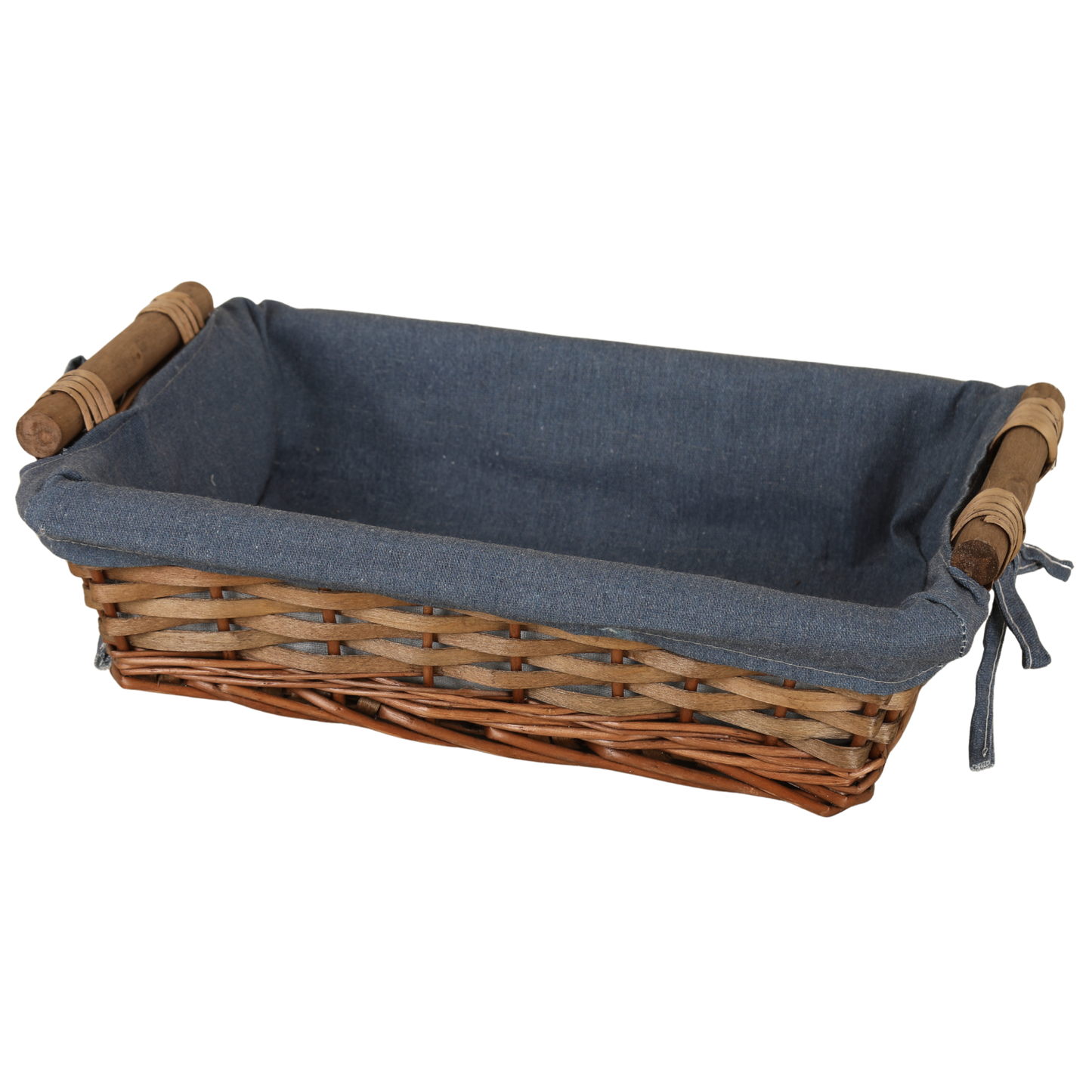 Corbeille Azur osier/bois marron tissu bleu rectangle 38x28x10cm