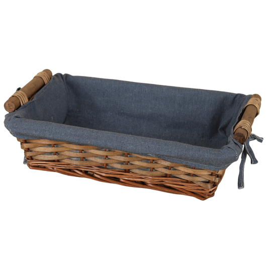Corbeille Azur osier/bois marron tissu bleu rectangle 38x28x10cm