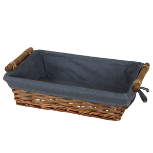 Corbeille Azur osier/bois marron tissu bleu rectangle 43x30x11cm