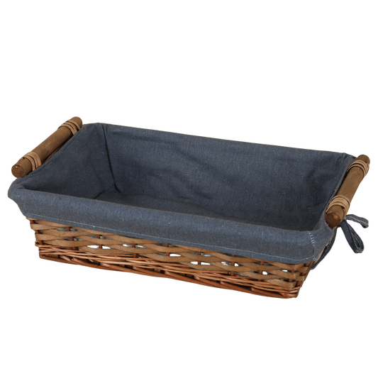 Corbeille Azur osier/bois marron tissu bleu rectangle 43x30x11cm