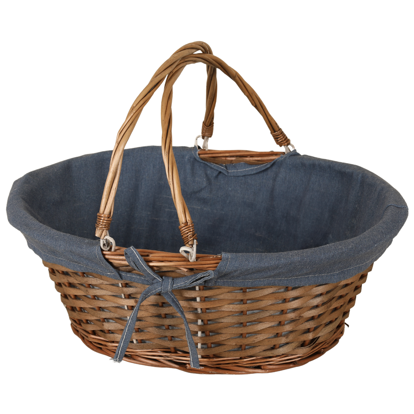 Panier Azur osier/bois marron tissu bleu ovale 32x26x12cm