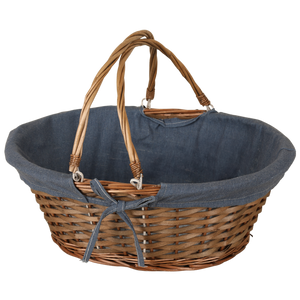 Panier Azur osier/bois marron tissu bleu ovale 32x26x12cm