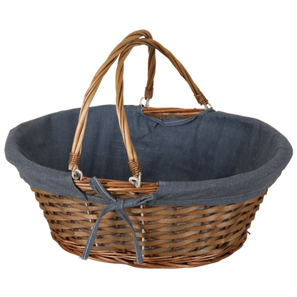 Panier Azur osier/bois marron tissu bleu ovale 32x26x12cm