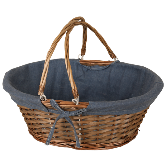 Panier Azur osier/bois marron tissu bleu ovale 32x26x12cm