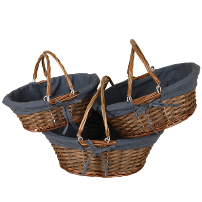 Panier Azur osier/bois marron tissu bleu ovale 32x26x12cm