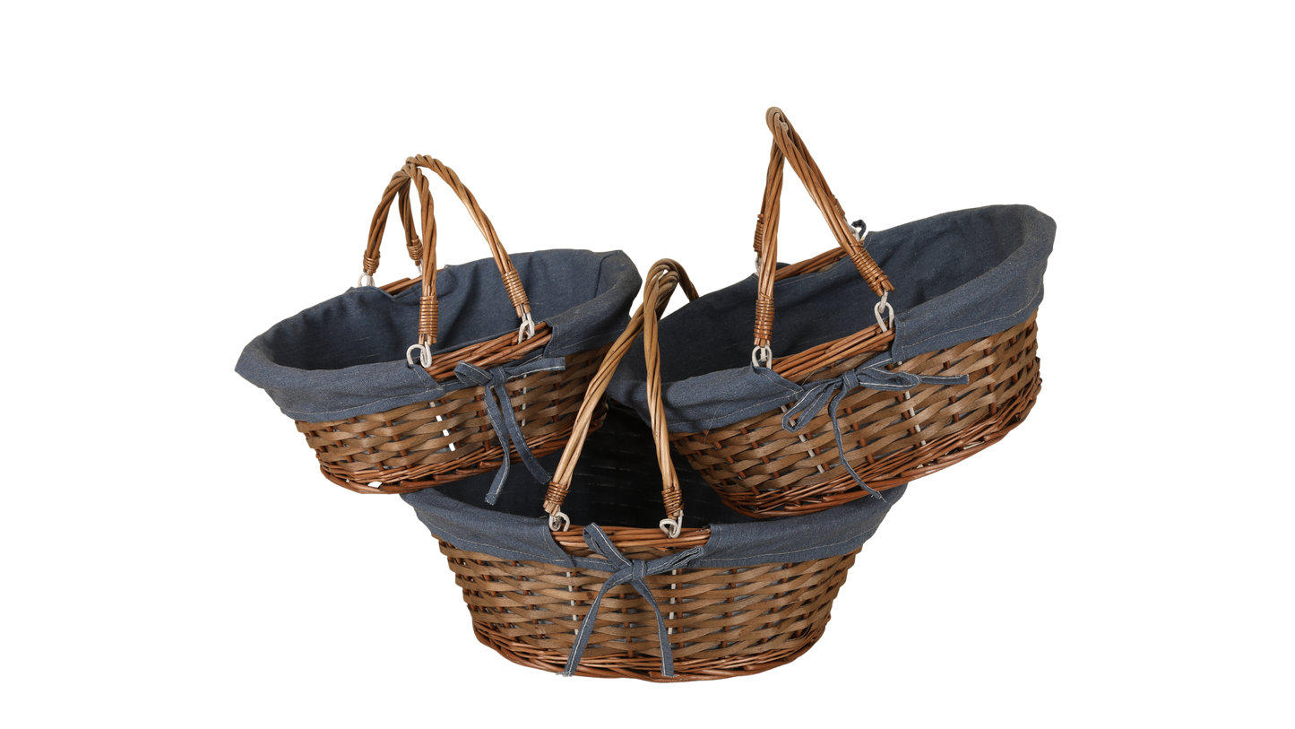 Panier Azur osier/bois marron tissu bleu ovale 43x34x16cm