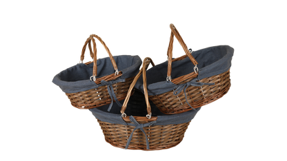 Panier Azur osier/bois marron tissu bleu ovale 43x34x16cm