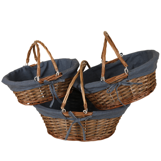 Panier Azur osier/bois marron tissu bleu ovale 36x30x14cm