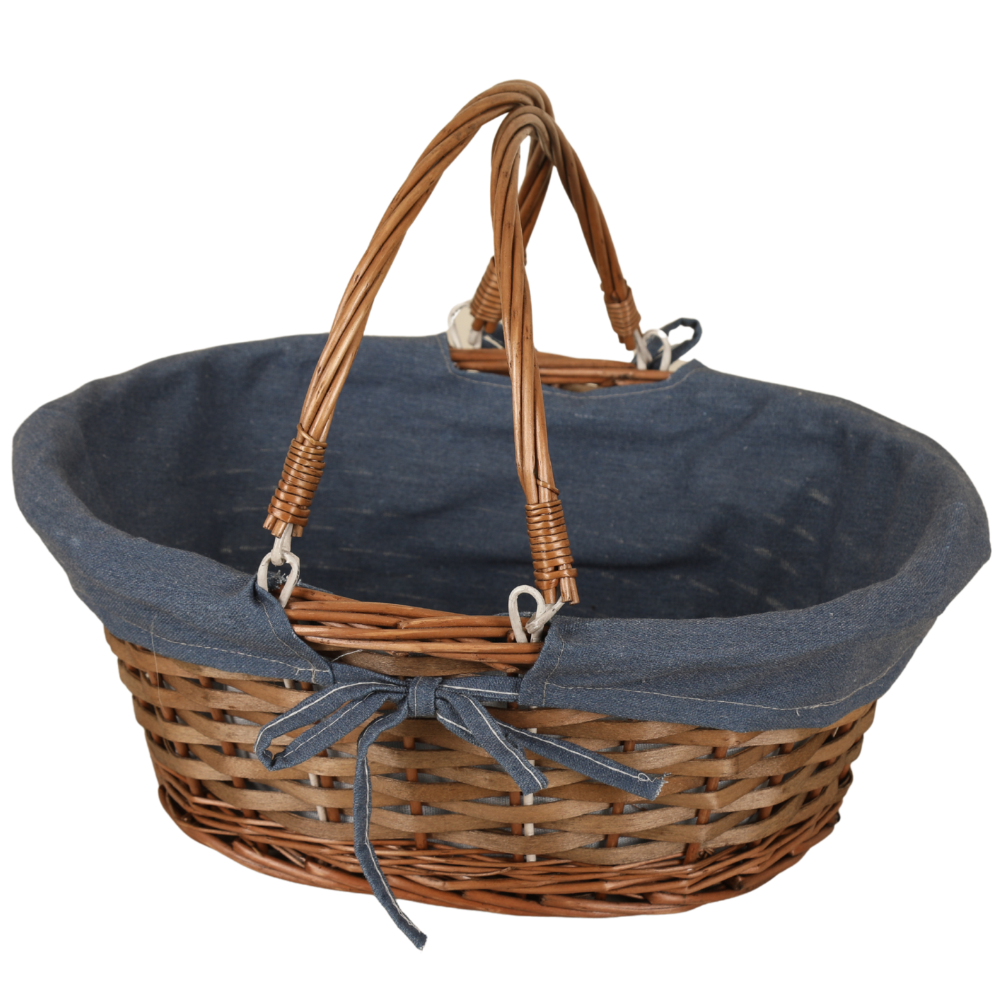 Panier Azur osier/bois marron tissu bleu ovale 36x30x14cm