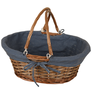 Panier Azur osier/bois marron tissu bleu ovale 36x30x14cm