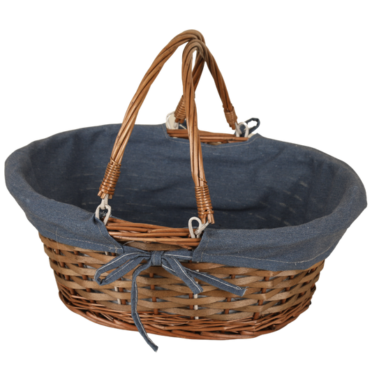 Panier Azur osier/bois marron tissu bleu ovale 36x30x14cm