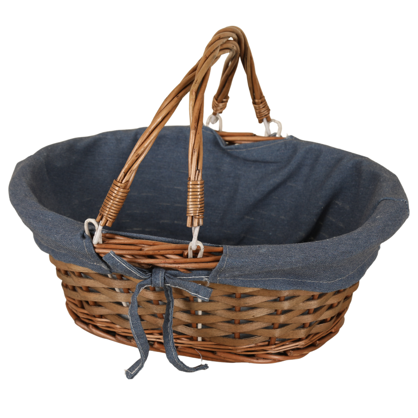 Panier Azur osier/bois marron tissu bleu ovale 43x34x16cm