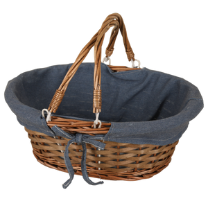 Panier Azur osier/bois marron tissu bleu ovale 43x34x16cm