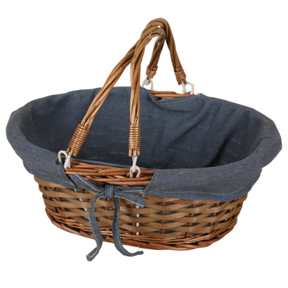 Panier Azur osier/bois marron tissu bleu ovale 43x34x16cm