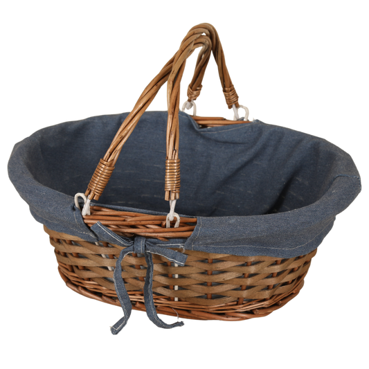 Panier Azur osier/bois marron tissu bleu ovale 43x34x16cm