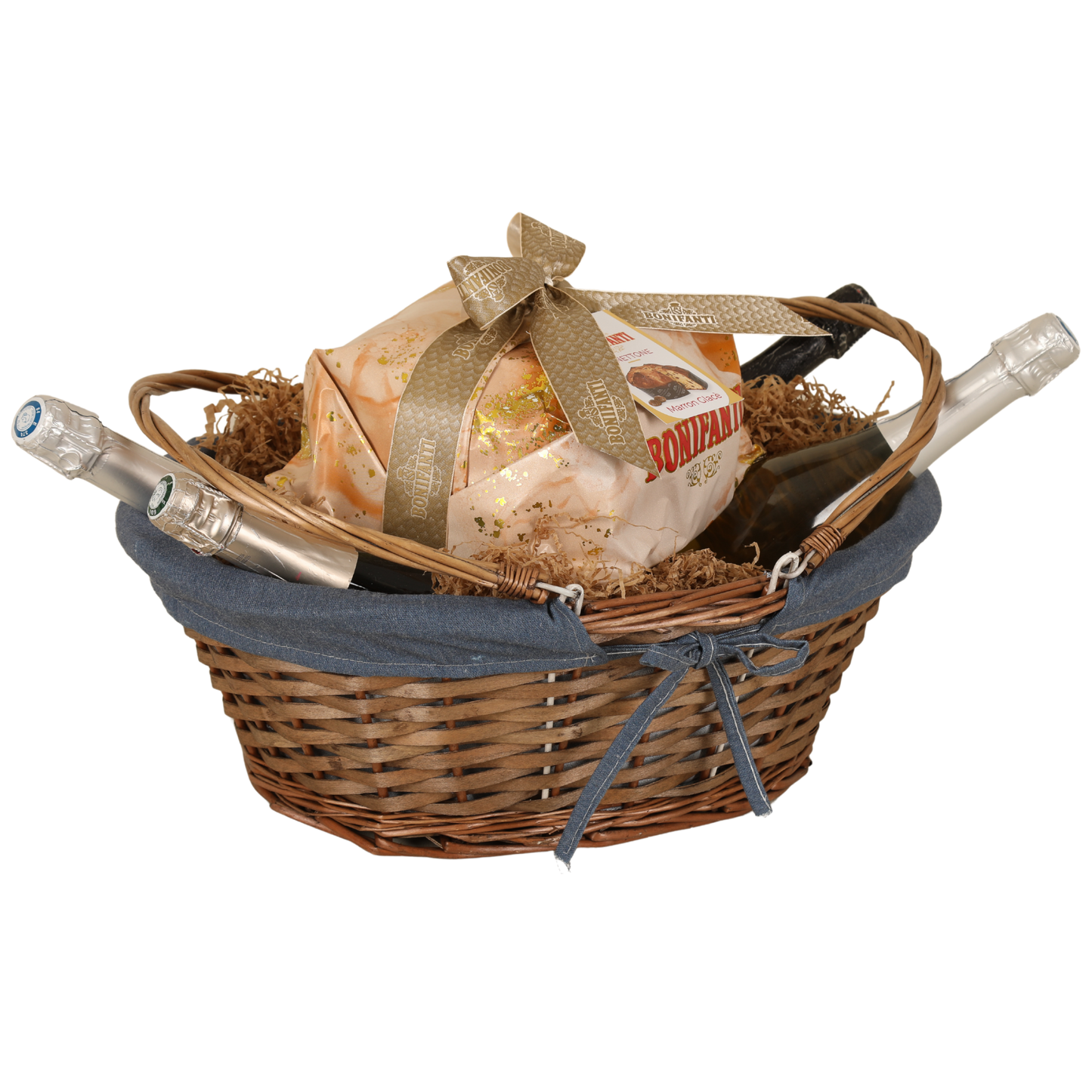 Panier Azur osier/bois marron tissu bleu ovale 43x34x16cm