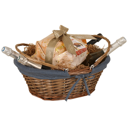 Panier Azur osier/bois marron tissu bleu ovale 43x34x16cm