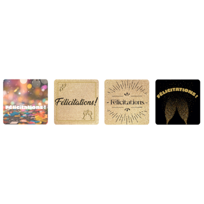 Etiquette adhésive carrée - Félicitations (boîte de 500 set de 4 assorties)