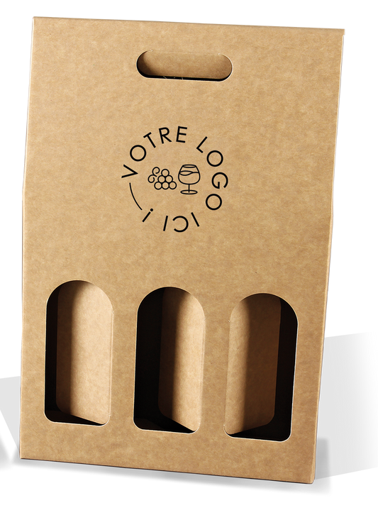 Customizable offset cardboard suitcase for 3 bottles, 27x9x41cm -