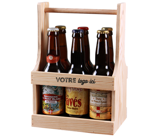 Panier Diego bois naturel 6 bières 33cl (type long neck) personnalisé