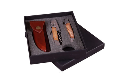 Engraved blade knife and corkscrew with natural wood handle in a gift box