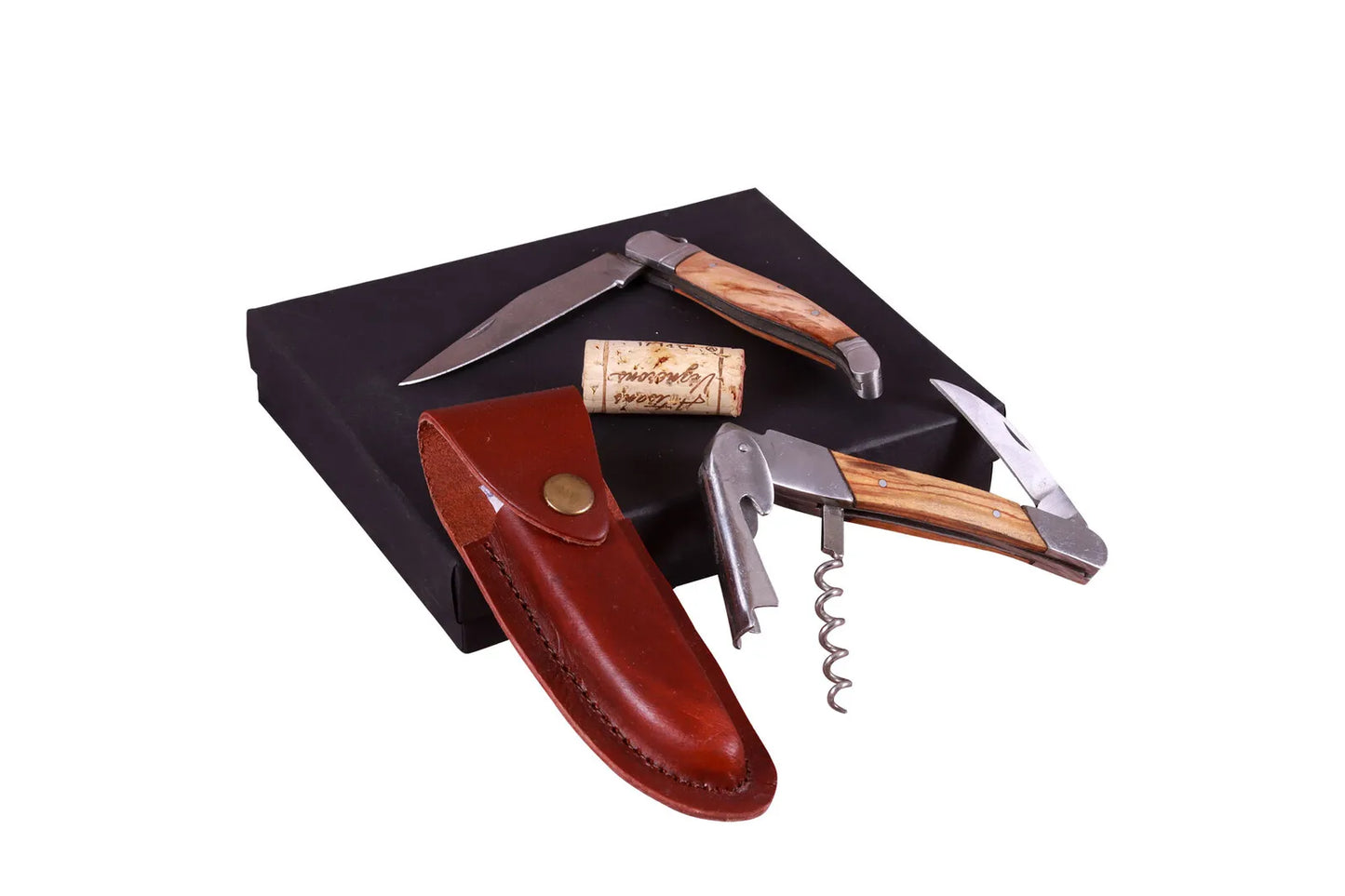 Engraved blade knife and corkscrew with natural wood handle in a gift box