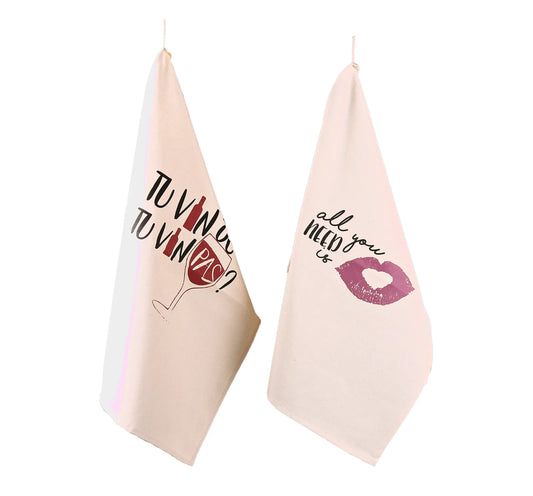 Swan tea towel, ecru cotton canvas decorated in black/blackcurrant, 65x45cm - You're coming or you're not coming