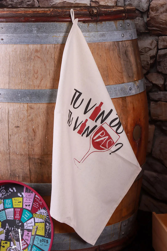 Swan tea towel, ecru cotton canvas decorated in black/blackcurrant, 65x45cm - You're coming or you're not coming