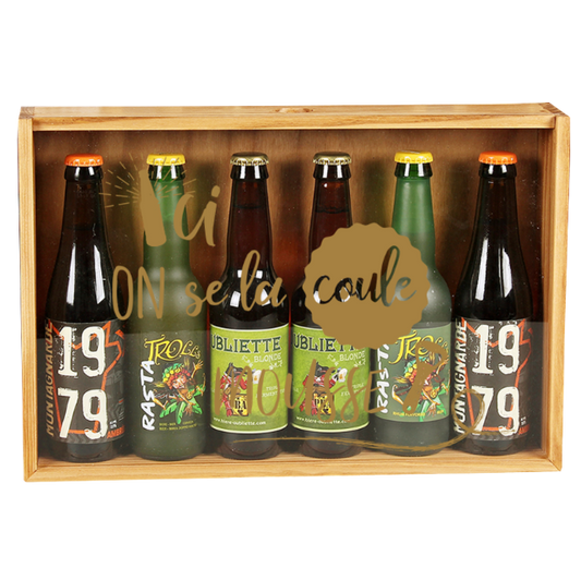 Caisse Castel bois de pin teinté cappucino 6 bières - Ici on se la coule mousse