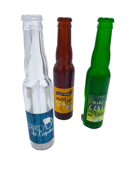 Décapsuleur Vik forme bouteille 3 couleurs translucides et thèmes assortis