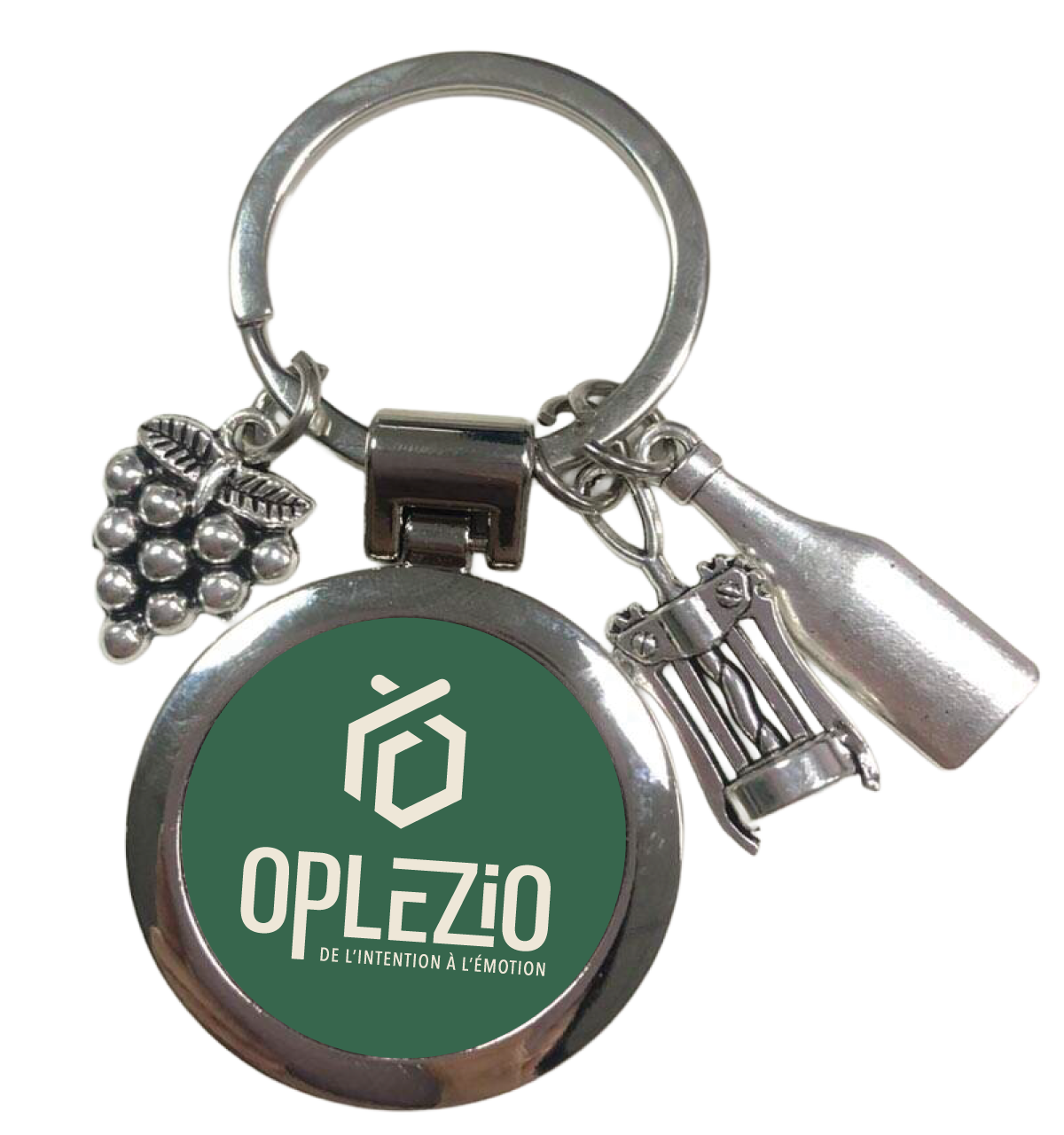 Chrome-plated metal key ring, Ø 3.5 cm, with 3 customisable pendants – Mika